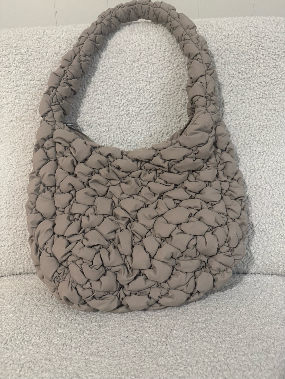Aritzia Taupe Quilted Knit Shoulder Hobo Bag